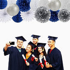 Navy Blue White Silver Paper Garland with Paper Lanterns Fan,Tissue Flower Pom Poms Streamers,Honeycomb Balls,Graduation Men Birthday Wedding Baby Bridal Shower Decor - Image 7