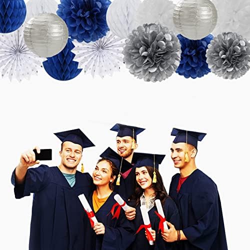 Navy Blue White Silver Paper Garland with Paper Lanterns Fan,Tissue Flower Pom Poms Streamers,Honeycomb Balls,Graduation Men Birthday Wedding Baby Bridal Shower Decor - Image 7