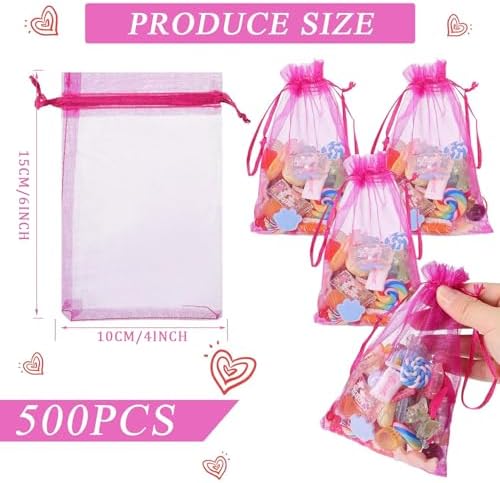Woanger 500 Pcs Hot Pink Organza Bags Bulk 4 x 6 Inch Small Drawstring Mesh Gift Bags Sheer Jewelry Pouches Sachet Candy Pouch for Wedding Favor Holiday Festival Birthday Party Shower - Image 2