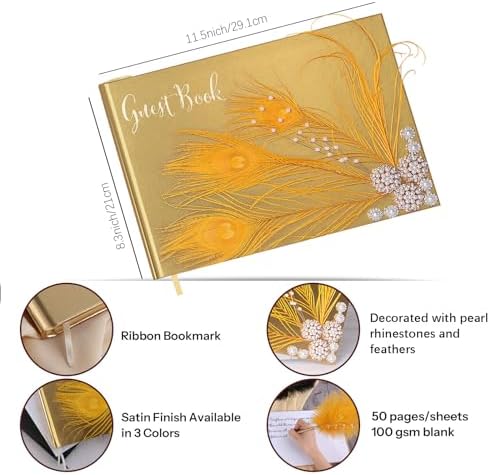 Vijiv Personalized Wedding Guest Book for Wedding Reception Signs, Bridal Baby Shower, Peacock Feather Hardcover Guestbook for Table Decoration Engagement Birthday Party Event, Photo Corners and Pen - Image 3
