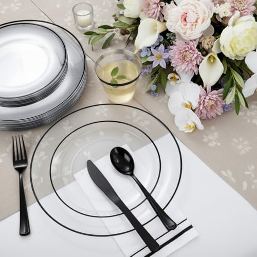 NOCCUR 350PCS Clear and Black Plastic Plates - Disposable Dinnerware Set for 50 Guests Include 100 Dinner/Dessert Plates,150 Black Cutlery,50 Cups&50 Napkins Ideal for Party/Birthday/New Year - Image 2