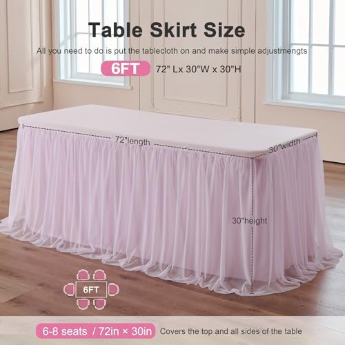 familus 6ft Pink Spandex Fitted Tablecloth with Tulle Table Skirt - 2-in-1 Structured Tutu Table Cover for Weddings, Trade Shows, Banquets & Sweetheart Tables - Image 3