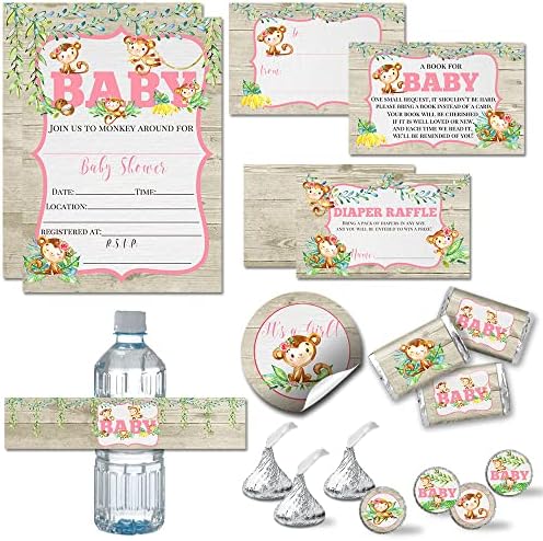 Amanda Creation Watercolor Jungle Monkeys Girl Baby Shower Party Bundle Includes 20 Invitations with Envelopes + 4 Different Sizes of Decorative Stickers, Diaper Tickets & Bring a Book Cards by AmandaCreation