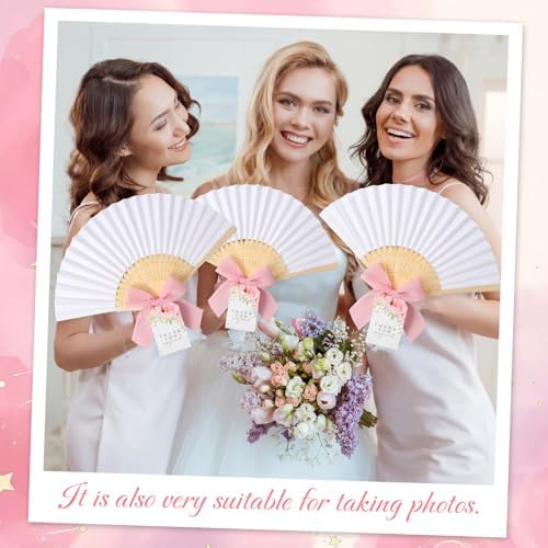 50 Sets Wedding Fan Favors for Guests, White Folding Hand Fans with Thank You Tags and Chiffon Ribbon, Wedding Guest Gifts for Bridal Shower, Baby Shower and Church Events(Pink,Flower) - Image 4
