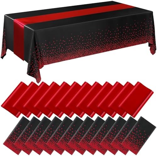 Breling 16 Pack Black and Red Tablecloths and Satin Runners Set by Breling