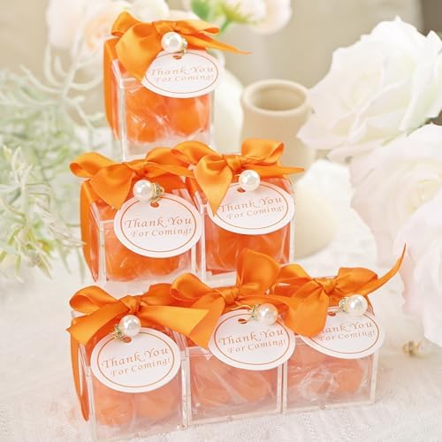 ACITHGL 30 Sets Fully Assembled Small Bubble Candle Party Favors for Guests Bulk Bridal Showers Favors Candles with Stylish Ribbons Thank You Cards Gifts (Orange) - Image 5
