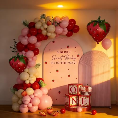2 Pcs A Berry Sweet Baby is ON The Way Arch Backdrop Covers,Set of 2(7.2FT/6.6FT) Pink Ripple Strawberry Theme Arch Fabric Cover for Girls Birthday Baby Shower Party Decoration - Image 5