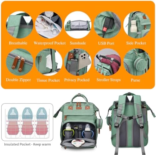 Astro alan Baby Diaper Bag with Changing Station, Waterproof Diaper Bag Backpack for Moms Dads with USB Charging Port, Baby Shower Gifts, Large Capacity diaper backpack, Pale Green - Image 5