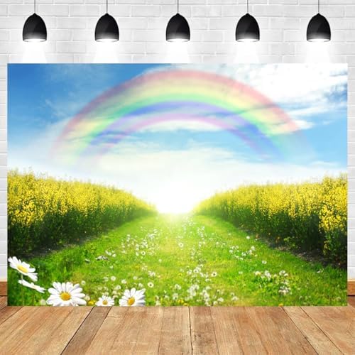 10x7ft Spring Backdrop Rainbow Cauliflower Field Photography Background Floral Green Grass Blue Sky Nature Scenery Kids Birthday Banner Decorations Baby Shower Portrait Photo Booth Prop - Image 2