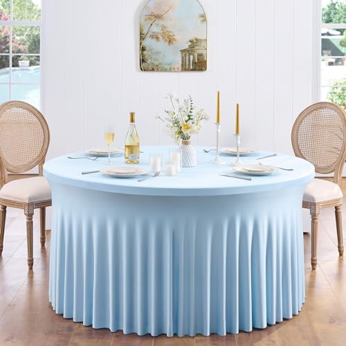 6 Pack Spandex Baby Blue Round Tablecloths for 72in Table, 132inch Stretchy Fitted 6FT Round Table Cloths, Wrinkle Free Light Blue Table Cover with Skirt for Wedding Birthday Party Baby Shower Banquet - Image 6