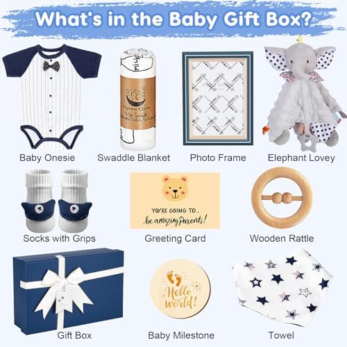 New Parents Gifts for Couples, First Time Mom & Dad Baby Boy Gift Basket, Baby Shower, Newborn, Congratulations, Expecting Parents, Pregnancy Announcement, Gender Reveal, Onesie, Blanket, Socks, Blue - Image 2