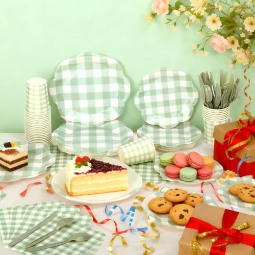 175pcs Gingham Party 25 Piece Dinnerware Set Sage Green Gingham Paper Plates and Napkins Knives Spoons Forks Cups Disposable Party Utensils for Baby Shower Birthday Picnic Wedding - Image 5