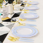 WDF 150pieces Baby Blue Plastic Plates with Gold Rim - Disposable Gold Plastic Silverware With Blue Handle-Baroque Light Blue&Gold Disposable Plates Dinnerware for Wedding/Party (Pack of 2) - Image 5