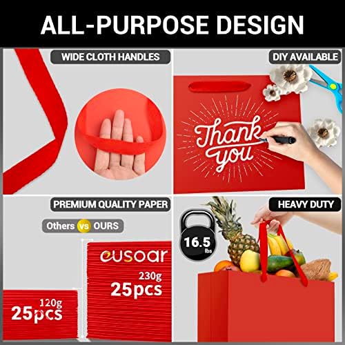 EUSOAR Large Red Shopping Bags, 25 Pack 12.5x4.5x11 inches Gifts Wrap Bags Handles Bulk, Merchandise Retail Wrapping Bags for Business, Craft Grocery, Boutique, Party Favor, Wedding - Image 3