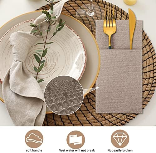 Cindeer 150 Pcs Wood Color Linen Dinner Napkins with Built in Flatware - Image 6