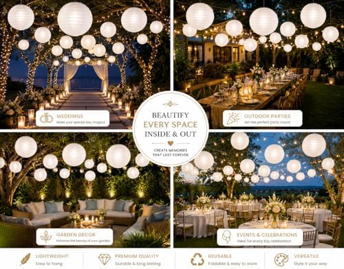 White Paper Lanterns Decoration Set of 25 – Hanging Chinese Lanterns for Wedding, Birthday, Baby Shower, Bridal Shower, Christmas, Party & Home Decor – 6, 8, 10, 12 & 14 Inch Combo Pack - Image 5