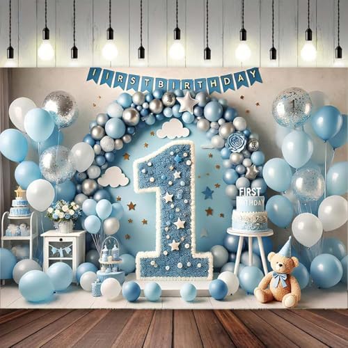 Happy 1st Birthday Banner Cute Bear Doll Hot Air Balloons Background for Boys One Year Old Birthday Backdrops Cake Smash Banners Newborn Baby Boy First Birthday Party Background (B, 9x6feet) - Image 2