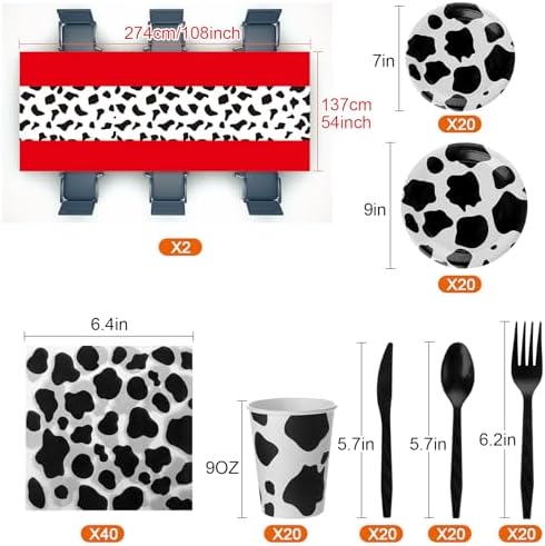 Oudain 222 Pcs Cow Dinnerware Set for 20 Guest Cow Tablecloth Plates and Napkins Cowgirl Party Decorations Cowboy Table Runner Plastic Black White Party Supplies(Black, White, Red,Classic) - Image 2