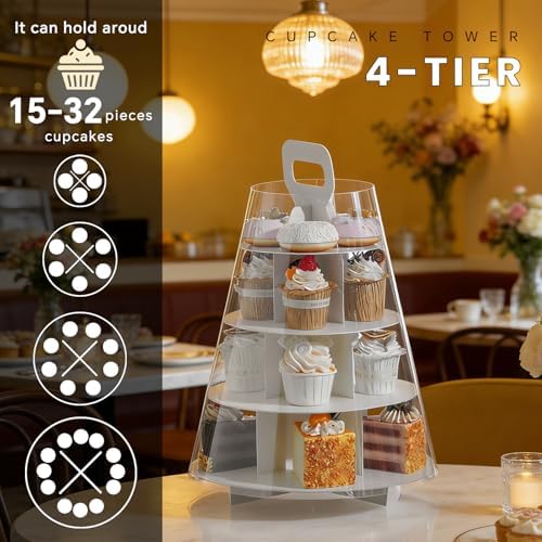4-Tier Cupcake Stand, 5 Set Cardboard Cupcake Tower with Clear Cover, Dessert Cup Cake Stand Tower for Birthday Wedding Party Decoration,Afternoon Tea Stand, Cupcake Tier Stand - Image 6