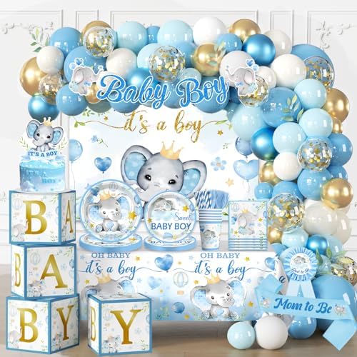 cocomigo 260PCS Elephant Baby Shower Decorations, All-in-1 Party Pack, Includes 20 Elephant Theme Tableware, Backdrop Tablecloth Balloon Kit for Baby Shower Decorations Boy by cocomigoPartyHome