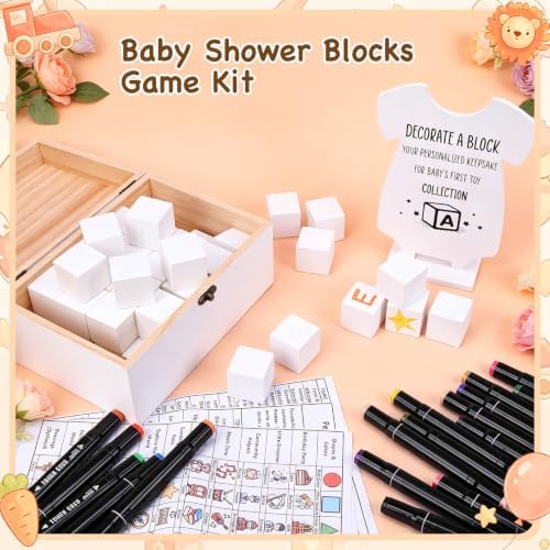 79 PCS Baby Shower Game Kit, Fun Baby Shower Blocks Decorating Game Includes 52 Wooden Blocks, 24 Markers, 1 Game Sign, 1 Storage Box and 1 Pattern Guide, Suitable for Boys and Girls, White - Image 2
