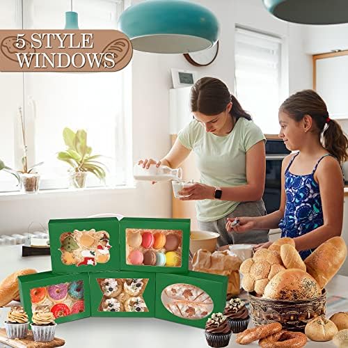 KPOSIYA 65 PCS 8x6x2.5 Inch Cookie Boxes with Window Green Bakery Boxes Pastry Boxes for Gift Giving, Treat, Dessert, Cupcakes, Chocolate, Strawberries, Donuts, Muffins (5 Style Windows) - Image 5