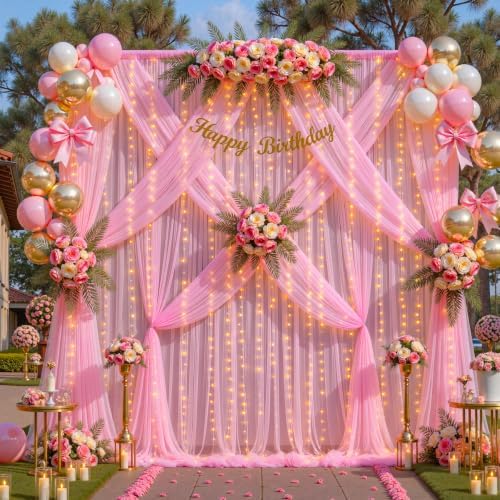 20ft x 10ft Pink Tulle Photo Backdrop Curtain with Lights String for Baby Shower Sheer Baby Pink Curtain Backdrop for Birthday Party Wedding Photo Booth Photography Background Decorations - Image 7