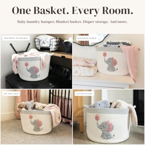 Elephant Baby Storage Basket for Girls, Cotton Rope Nursery Bin, 15x11 in - Image 3