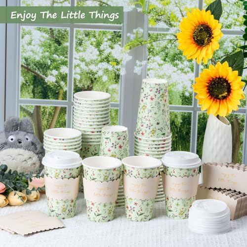 To Go Coffee Cups with Lids & Sleeves – Spring Floral Mint Green 50 Pack 16oz Premium Disposable Paper Cups, Weddings, Baby Showers, Birthday Parties, Brunch, Cafés - Image 3