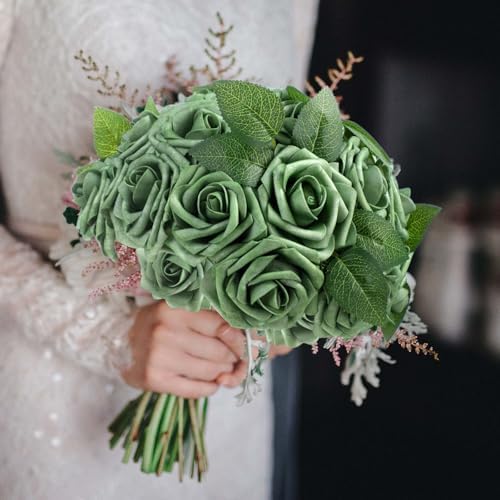 100 Pcs Artificial Foam Rose Flower Faux Bouquet Wedding Fake Rose Gift for Mother's Day Women DIY Bridal Shower Party Table Birthday Home Spring Decor (Elf Green) - Image 5
