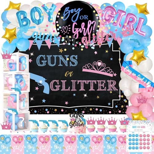Hombae Guns or Glitter Gender Reveal Decorations, 169 PCs Boy or Girl Gender Reveal Decorations What Will Baby Be Backdrop Balloon Garland Banner Tablecloth Cake Cupcake Topper Cutout Poster Sash by Hombae