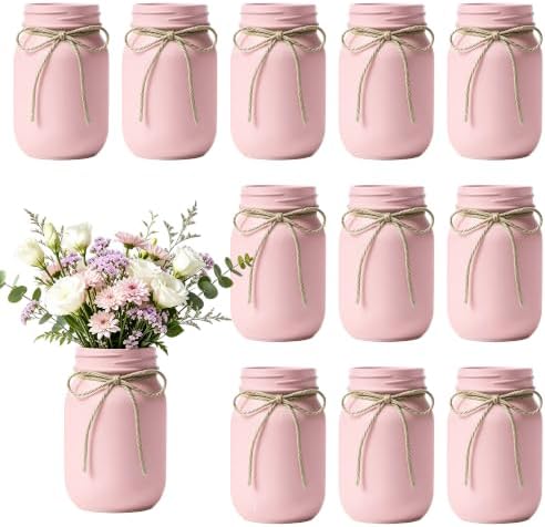 12 PCS 16oz Glass Mason Jars Flower Vases for Centerpieces, Pink by ZHURUININ