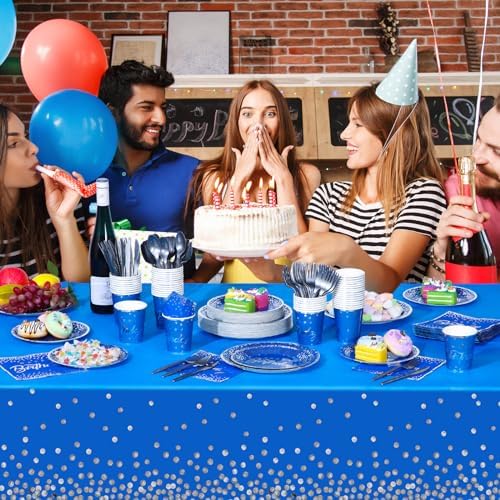 352 Pcs Blue and Silver Birthday Party Tableware Set for 50 Guests Silver Dot Paper Plates Cups Napkins Plastic Tablecloths Forks Knives Spoons Blue Party Supplies for Birthday Wedding Decorations - Image 6