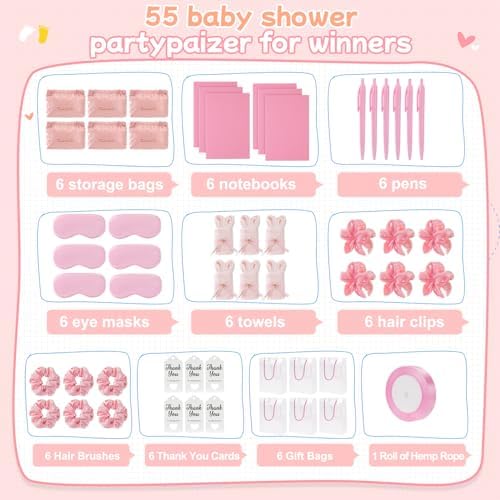 55-Piece Baby Shower Game Winner Prize Set, Including Hair Ties, Eye Mask, Makeup Bag and Gift Bag, Suitable for Baby Shower Game Prizes, Weddings and Bridal Shower Gifts (PINK) - Image 2