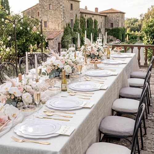NOCCUR 175PCS Gold Plastic Plates with Disposable Silverware - White Gold Plastic Tableware Include 25 Dinner /25 Dessert Plates, 75 Cutlery, 25 Cups, 25 Napkins - Ideal for Party/Wedding - Image 3