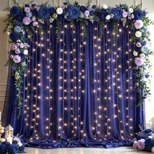 10x10ft Navy Blue Tulle Backdrop Curtains with Lights String for Parties,Wrinkle Free Sheer Curtain with Lights Wedding Photo Backdop Drapes for Baby Shower Birthday Party Photography Home Decorations by PartyTalk