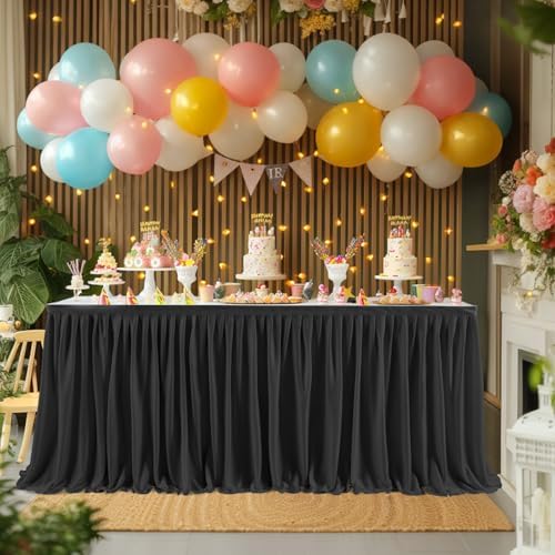 17ft Black Table Skirts for Rectangle Tables Polyester Table Skirt Desk Skirts Ruffle Tablecloth Skirt for Birthday Party Banquet Black Theme Party Wedding Bridal Shower Table Decorations - Image 5
