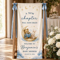 A New Chapter Blue Celestial Storybook Baby Shower Satin Fabric Welcome Banner by Custom