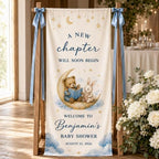 A New Chapter Blue Celestial Storybook Baby Shower Satin Fabric Welcome Banner by Custom