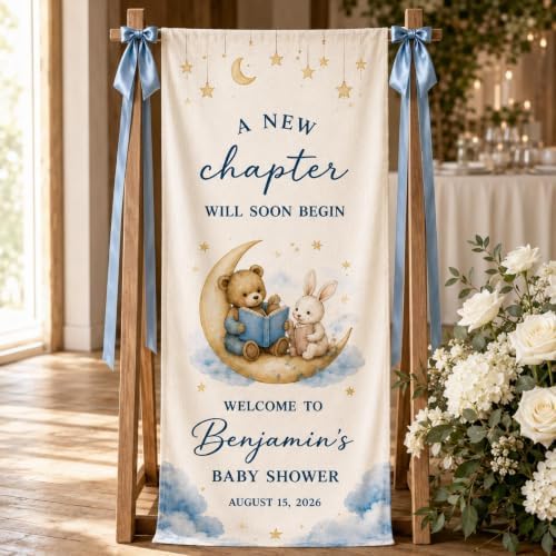 A New Chapter Blue Celestial Storybook Baby Shower Satin Fabric Welcome Banner by Custom