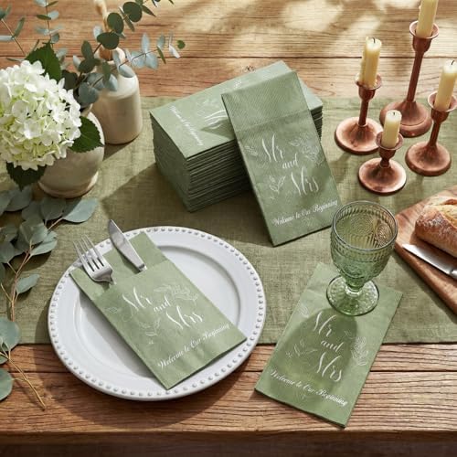 Potchen 100 Pcs Linen Feel Napkins Disposable, Green Mr and Mrs - Image 2