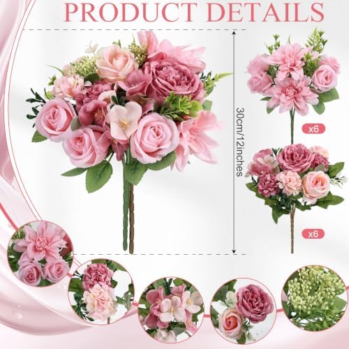 Pink Peonies Dahlia Artificial Flowers Bulk, 12 Bundles - Image 2