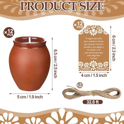 Conelist 12 Set Cielito Lindo Party Decorations Baby Shower Candles Terracotta Mexican Recuerdos DIY Jar Candles with Gift Tags and Rope for Baby Shower Birthday Cinco De Mayo Fiesta (Brown) - Image 2