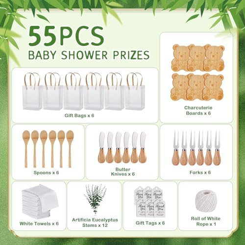 55Pcs Baby Shower Prizes for Game Winners 6 Sets Bear Shaped Cheese Board Gift with Spoons Butter Spreaders Gift Bags Kitchen Towels Bridal Shower Party Favors for Guests (Bear Shaped, 6 Sets) - Image 3