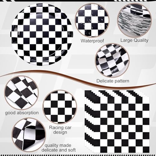Funnymoom 452 Pcs Checkered Flag Party Supplies for 50 Guests, Black and White Checkered Paper Plates Napkins Cups Tablecloth Cutlery Straws for Race Car Birthday Party Decorations - Image 2