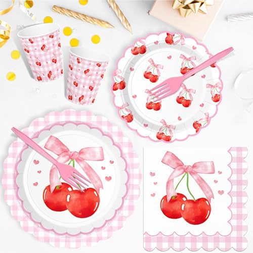 250 PCS Cherry Party Supplies, Service for 50, Cherry Birthday Party Decorations Decor Tableware Set Includes Plates, Napkins, Cups and Forks for Baby Shower Birthday - Image 4