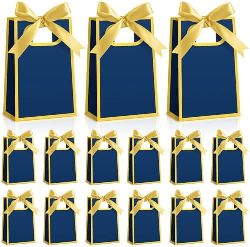 AmazingSpark 50 Pcs Navy Blue Gold Mini Gift Bags Bulk 6.3 x 3.9 x 2.8 Inch Party Favors Elegant Small Gift Bags with Handles and Ribbon Bows for Wedding Birthday Bridal Baby Shower Party Favors by Unknown