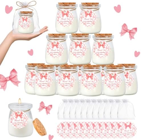 24Pcs Baby Shower Candle Party Favors Lavender Scented Glass Jars Wax Candle Bulk with Thank You Cards Organza Bags for Guests Boy Girl Birthday Gender Reveal Gift Souvenirs (Pink Bow, 24) by KBDHYY