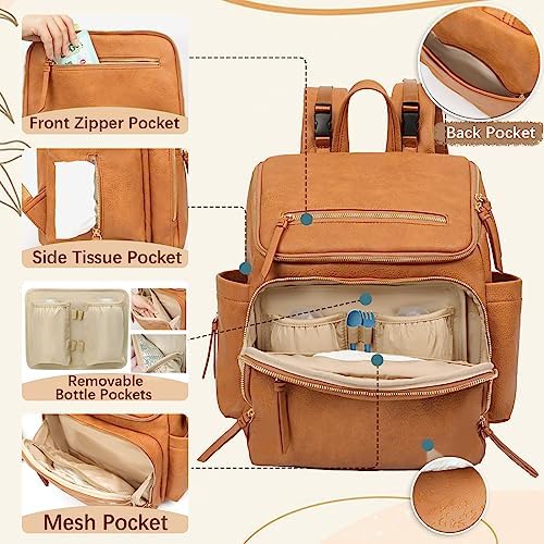 Omanmoli Diaper Bag Backpack Large Baby Diaper Bag Leather with 17 Diaper Bag Organizing Pouches,Changing Pad,Stroller Straps,4 Insulated Pockets,Honey - Image 3