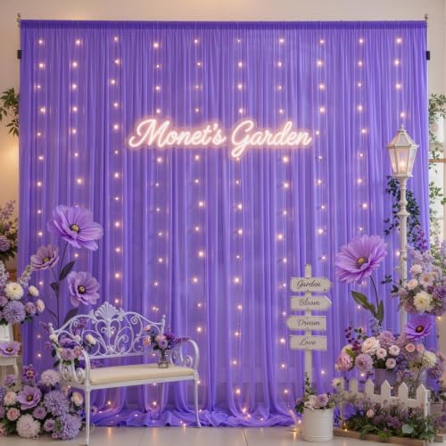 20 x 10ft Purple Chiffon Backdrop Curtain with Lights String for Parties,4 Panels Sheer Tulle Curtain Wedding Backdrop for Baby Shower Birthday Party Ceremony Reception Home Decorations - Image 5